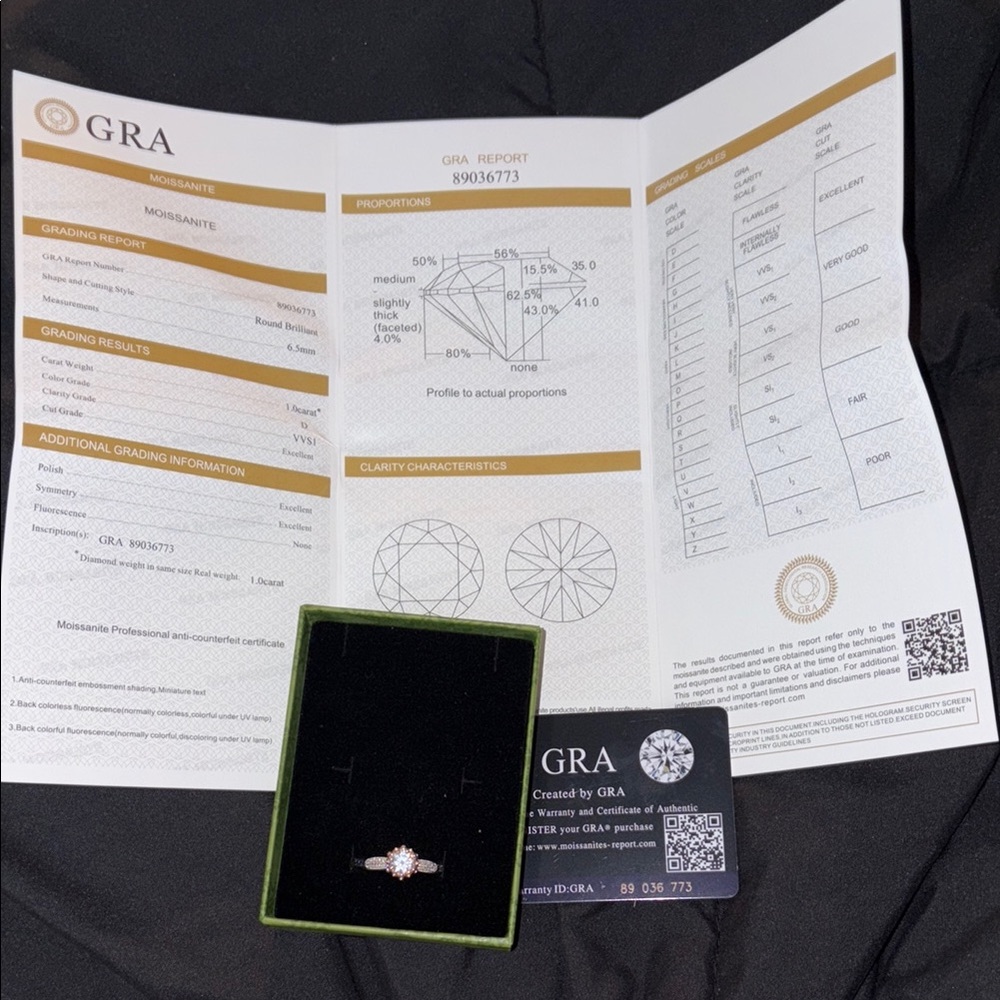 GRA Certified Sterling Silver 1 Carat Moissanite Ring Size 6.5